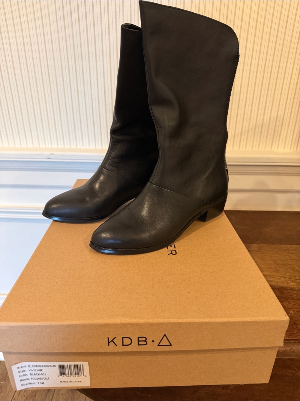 Kelsi Dagger Black Leather Mid-Calf Heeled Boots